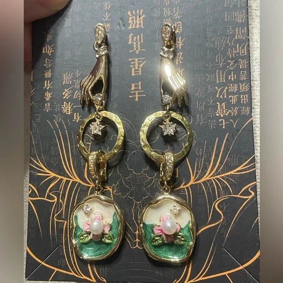 Monet’s Garden Enameled Pearl CZ Pendant Earrings - Picture 3 of 6